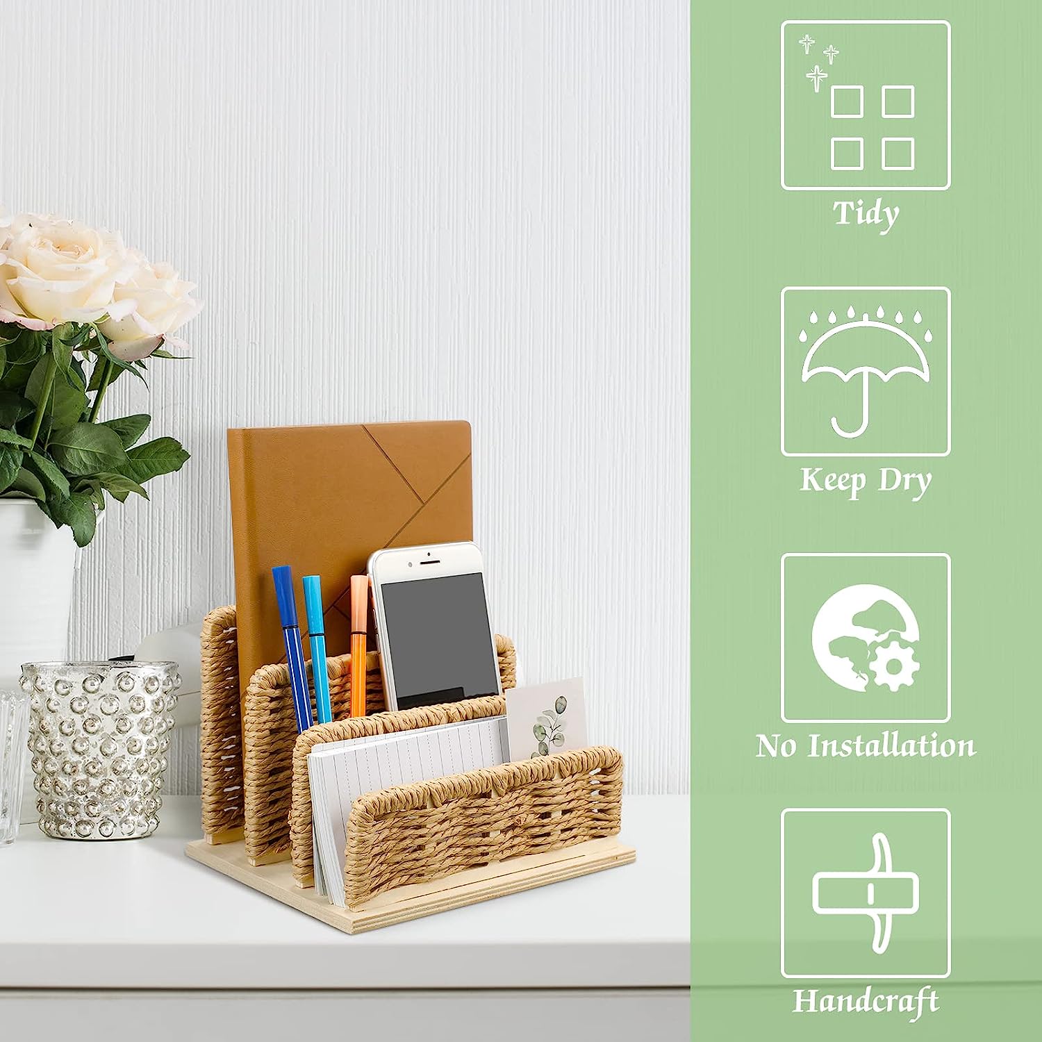 Woven Desk Mail Organizer Upright File Holders Vertical Mail Sorter Small Desk File Organizer Letter Paper Organizer Storage Office Desk Accessories Folder File Sorters for Desktop Home Office - Image 3